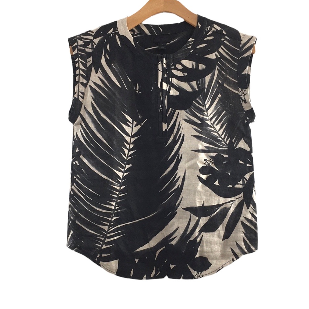 J. Crew Black and Cream Tropical Leaf Sleeveless Shell